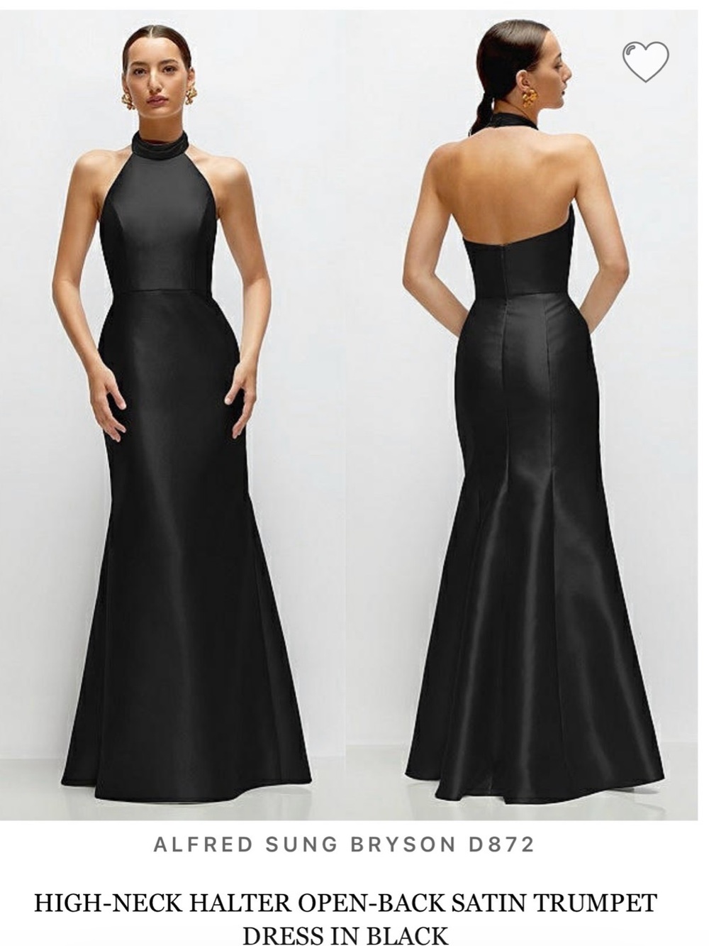 ALFRED SUNG Black High-Neck Halter Open-Back Satin Trumpet Gown